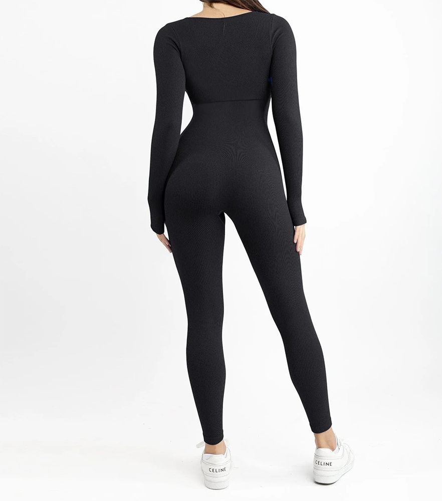 Seamless Square Neck One Piece Long Sleeve Sport Jumpsuit