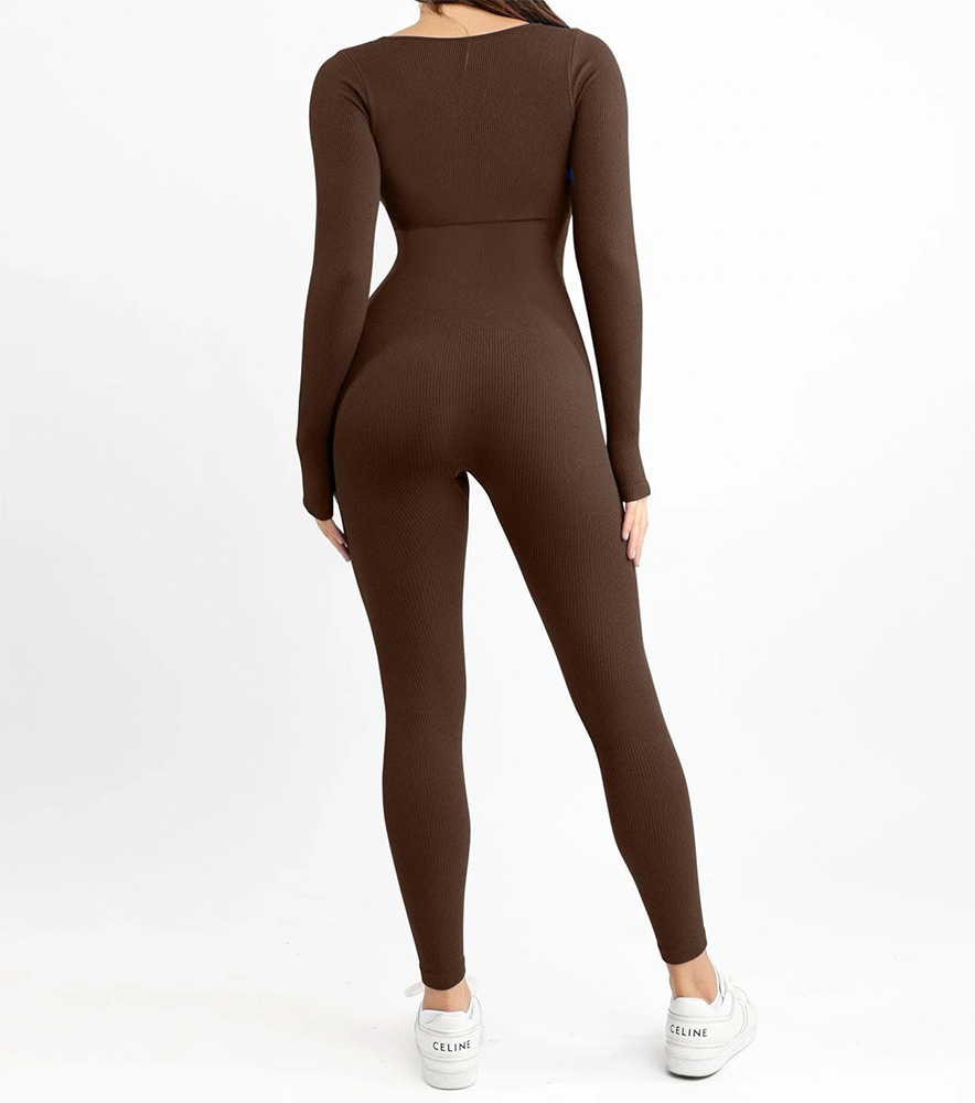 Seamless Square Neck One Piece Long Sleeve Sport Jumpsuit